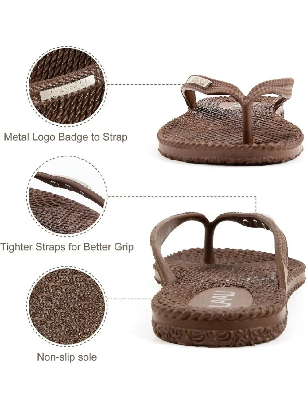 Women's Brown Rubber Sole Waterproof Non Slip Flip Flops Flat Thong Sandals